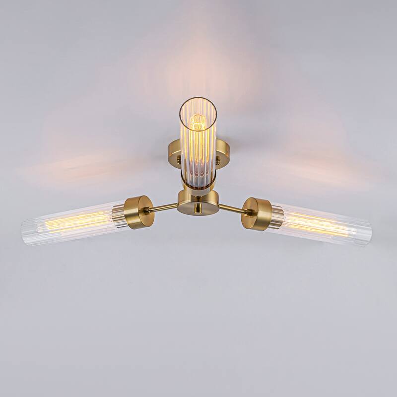Modern Industrial 3-Light Clear Ribbed Glass Flush Mount Ceiling Light - Gold