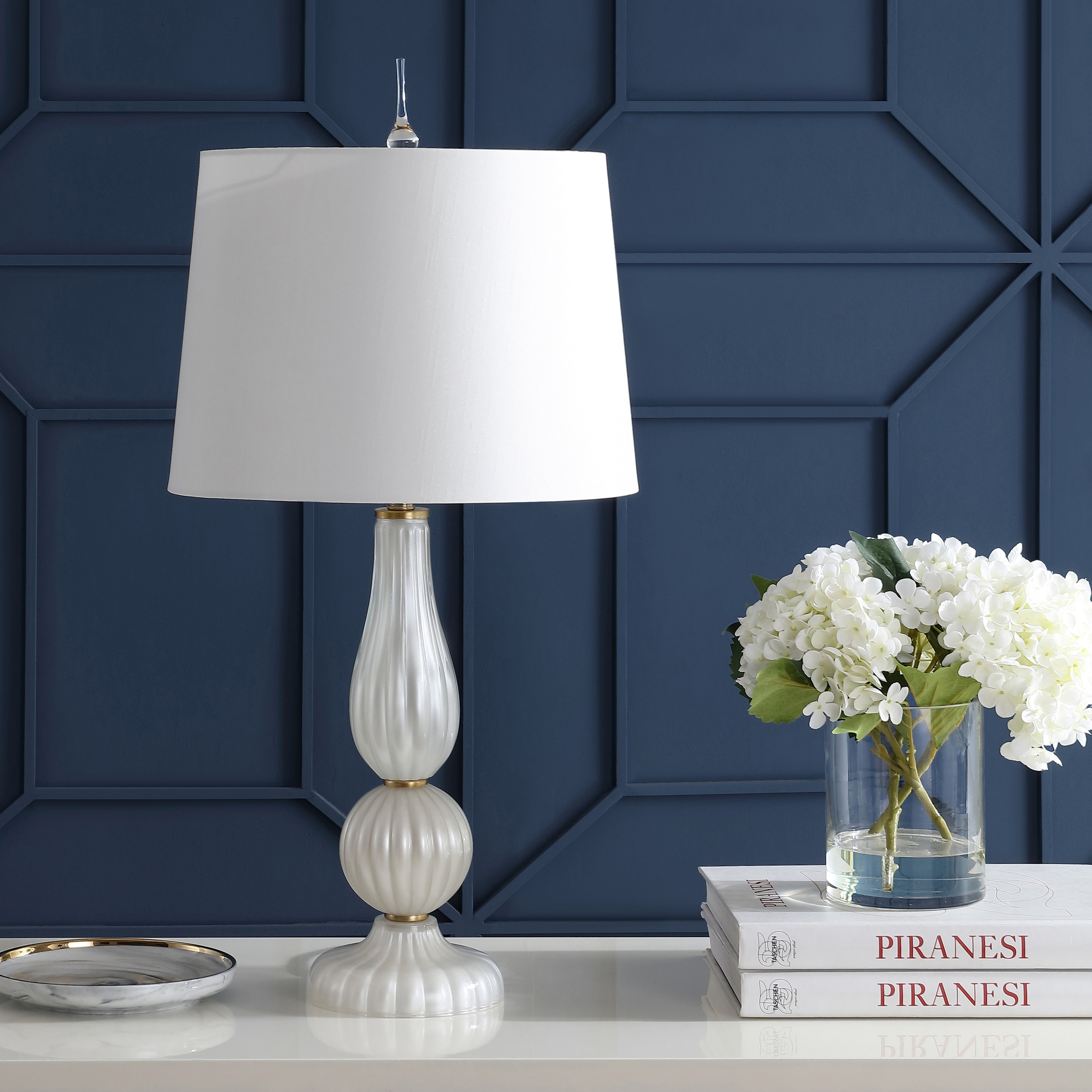 JONATHAN Y Carter 28" Glass/Metal LED Table Lamp, White Pearl