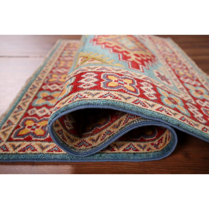 Geometric Blue Kazak Oriental Accent Rug Hand-Knotted Wool Carpet - 2'8" x 3'10"