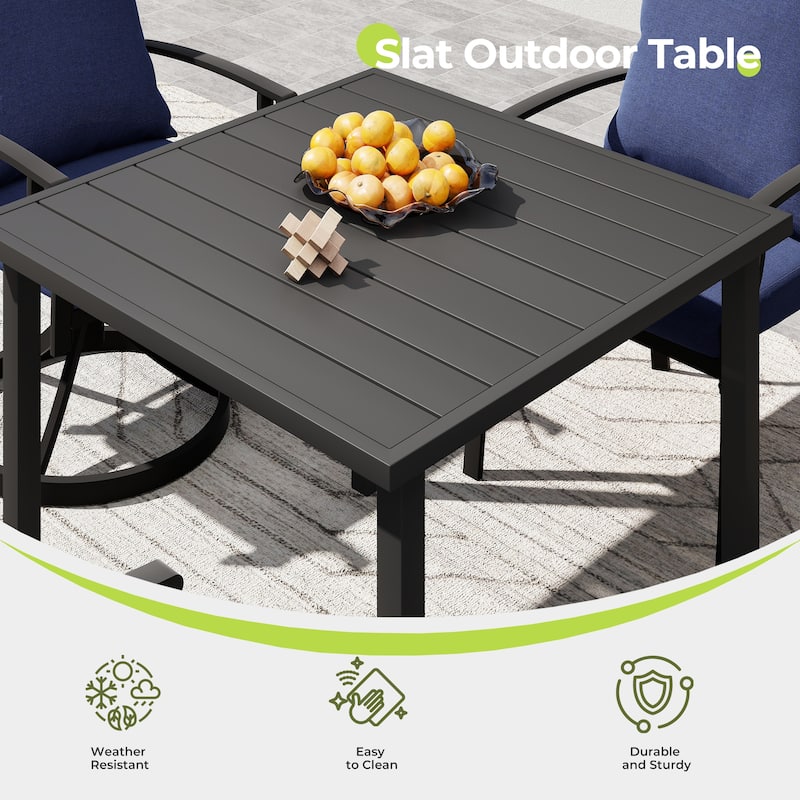 IvyGlow 5-Piece Black Metal Patio Dining Set with Square Table, 2 Swivel Dining Chairs and Gray Cushions