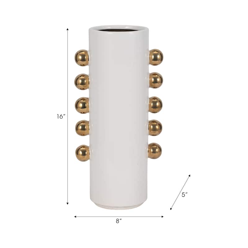 Sagebrook Home White/Gold Ceramic Cylinder Vase With Side Knobs