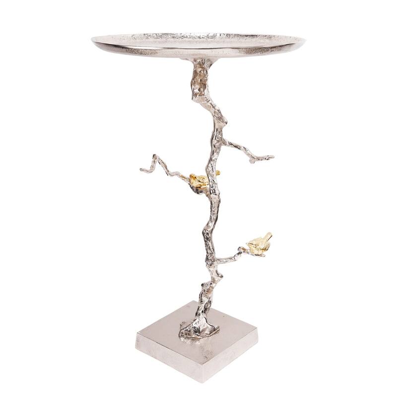 28 Inch Accent Table, Artful Branch Like Frame, Gold Bird Accents, Silver - Silver - Aluminum