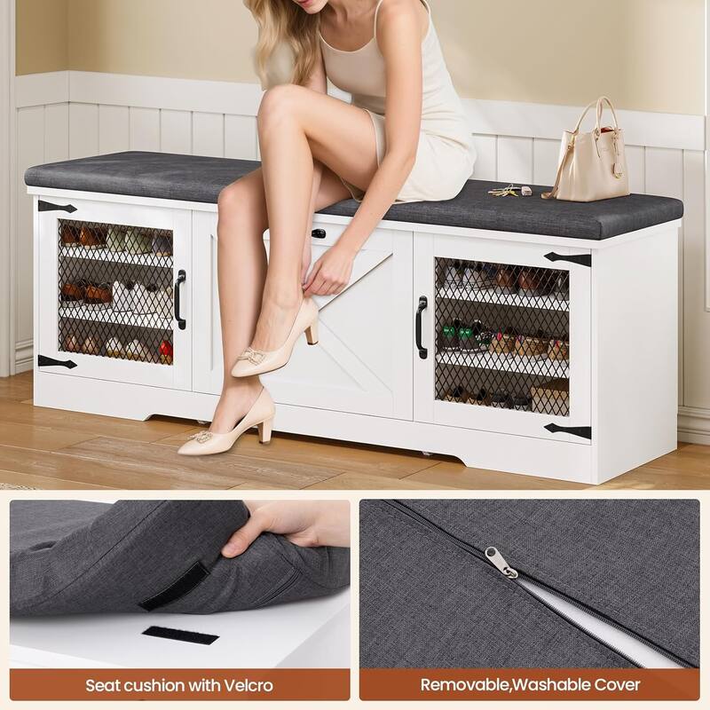 Storage Bench with Cushion Adjustable Shelf Shoe Rack Cabinet