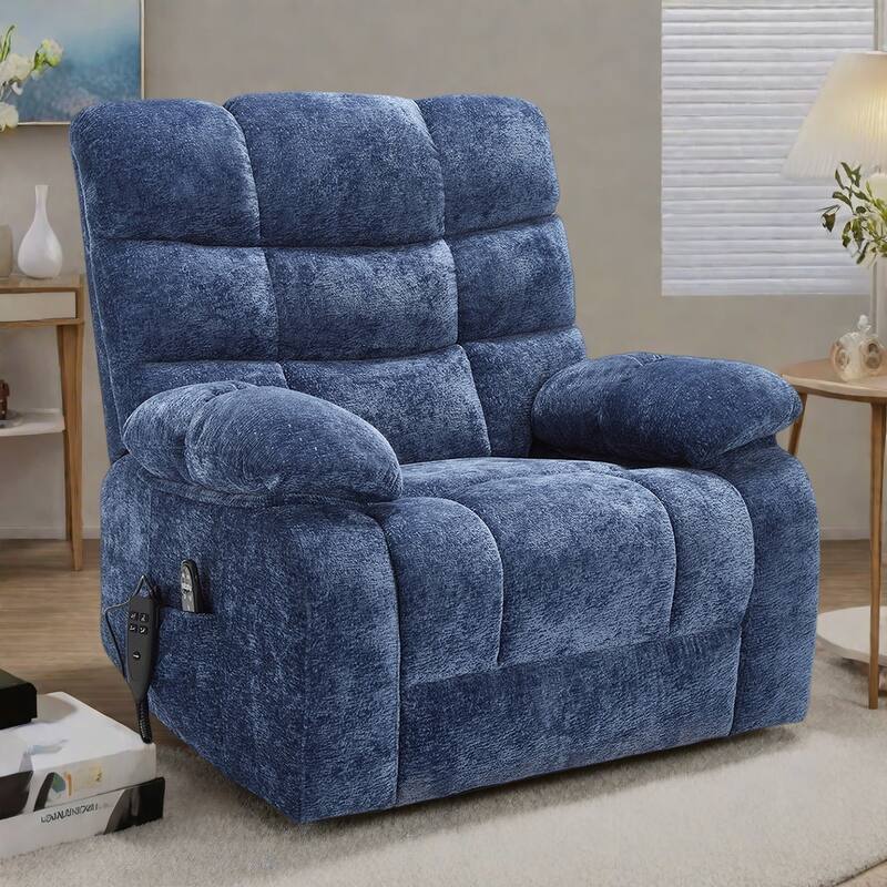 Chenille Power Lift Recliner Chair for Big and Tall with Massage, Heat, Dual Motors, and 180° Recline - Dark Blue