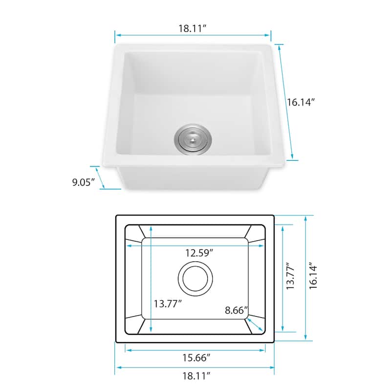 PROOX 18" L X 16" W Bar Sink Undermount Quartz Kitchen Sink With Basket Strainer