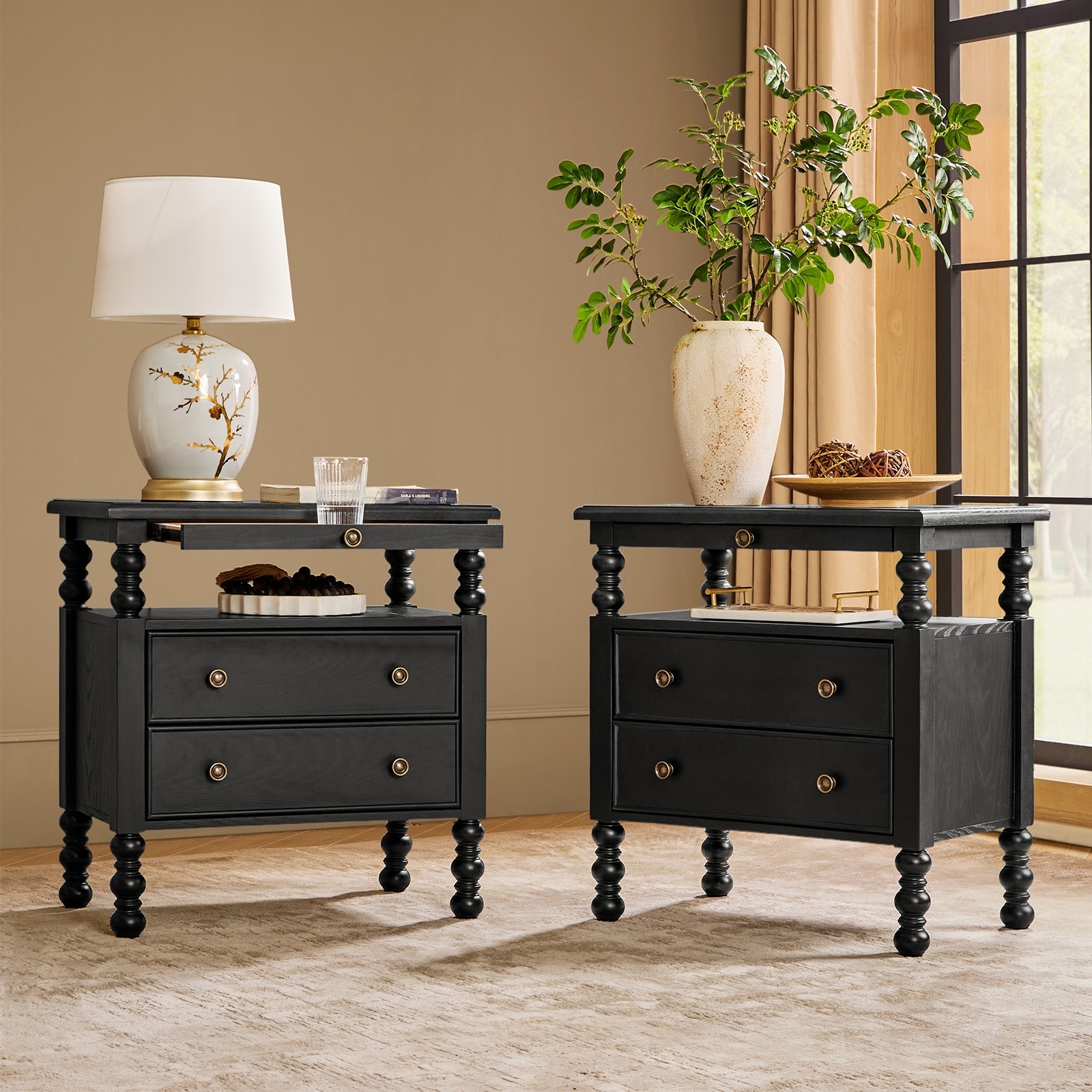 Di Traditional 26"Tall 2-Drawer End Table with Charging station and Pullout Tray Set of 2 By HULALA HOME