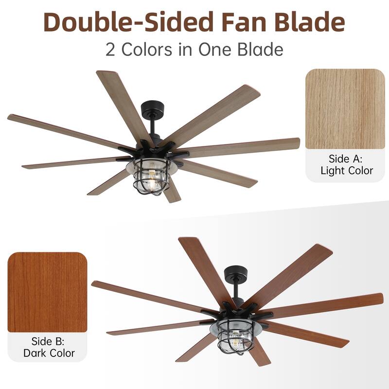 Farmhouse 66 Inch Large Ceiling Fan with Light & Remote Control, Two-Color Blade Ceiling Fan, 6 Speeds Reversible DC Motor