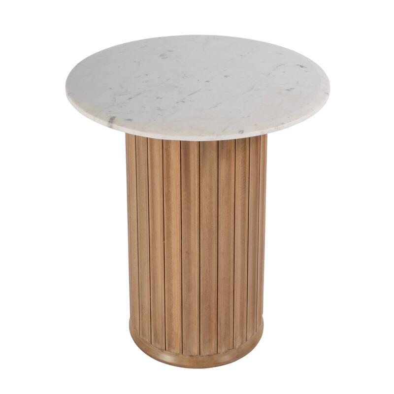 Geneva 22 in. W Round Marble and Wood Side Table - White/Light Beige Marble