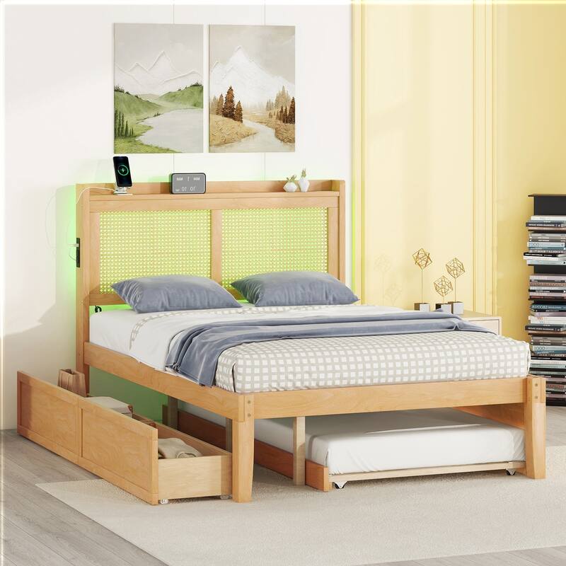 Elegant Bed Frame with Rattan Headboard and Sockets