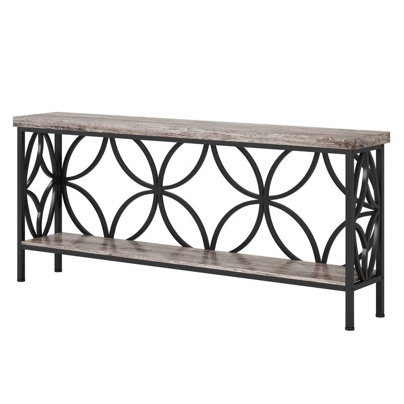 70.9 Inches Extra Long Industrial Console Table, Narrow Sofa Table Behind Couch with Open Storage Shelves, Metal Frame