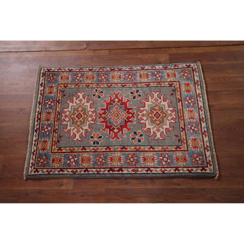 Gray Geometric Kazak Oriental Foyer Rug Hand-Knotted Wool Carpet - 2'0" x 3'0"