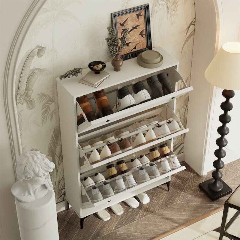 31.5" Wood Hidden Shoe Cabinet with 3 Flip Drawers and Legs