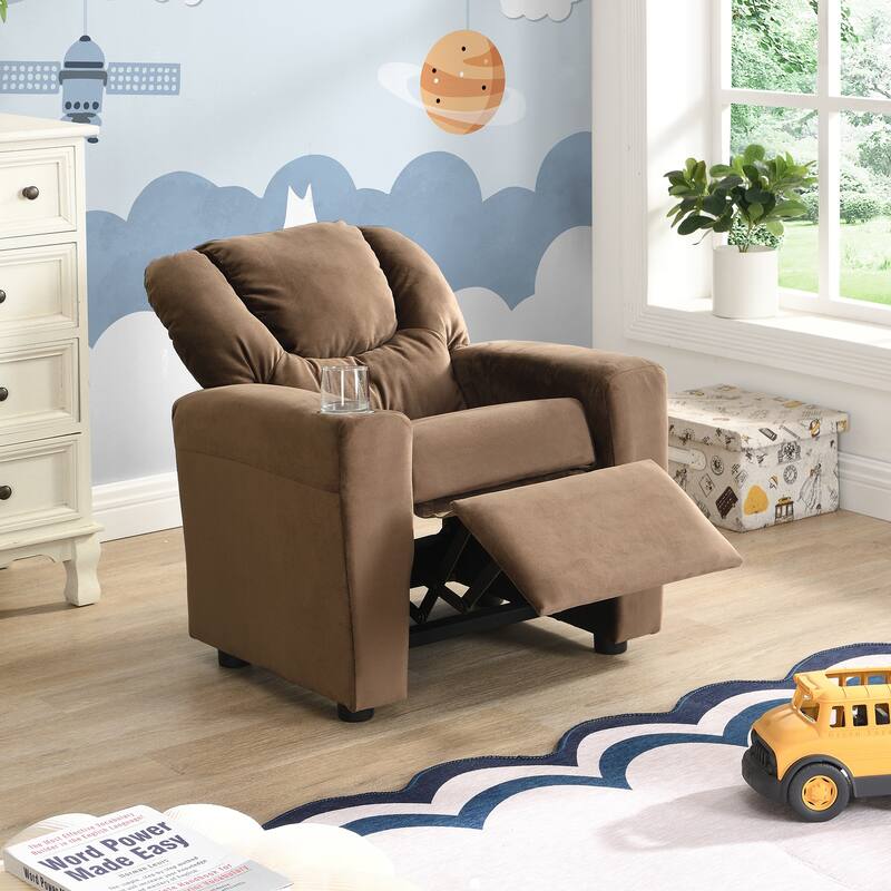 Toddlers Velvet Recliner With Headrest And Footrest - Brown