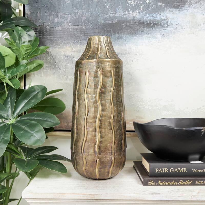 Brass Metal Snakeskin Inspired Vase with Dimensional Wavy Accents - Brass - 7"W, 17"H