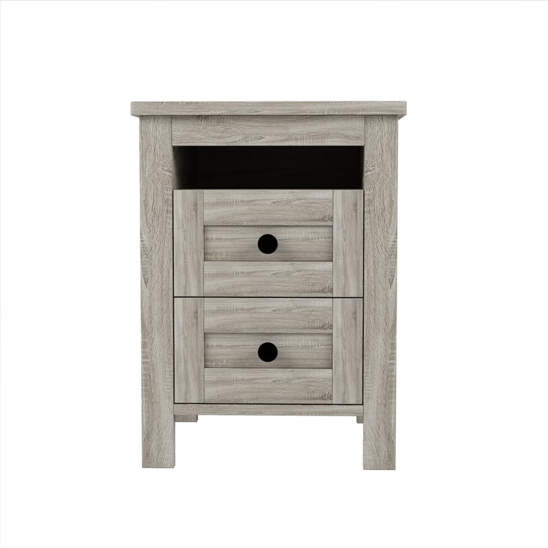 2-Drawer Farmhouse Style Nightstand, Sleek Lines Wood Bedside Table with Storage Shelf