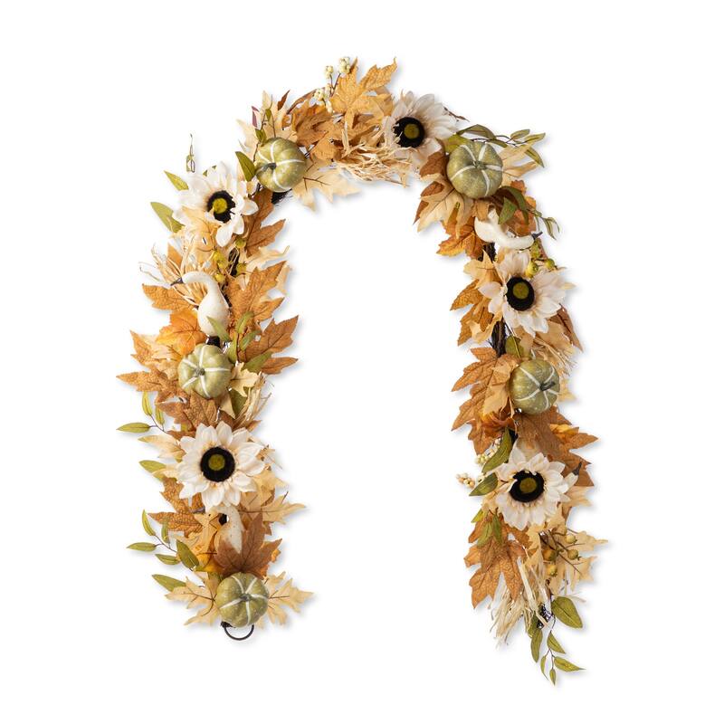 Glitzhome Fall Sunflower Pumpkin Floral Aritificial Garland or Swag Wreath with Free Hanger