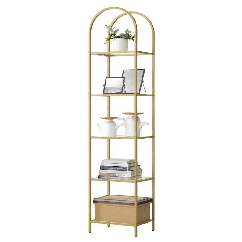 Arched Top Metal Display Rack Narrow Bookcase with 5 Glass Storage Shelves - Gold