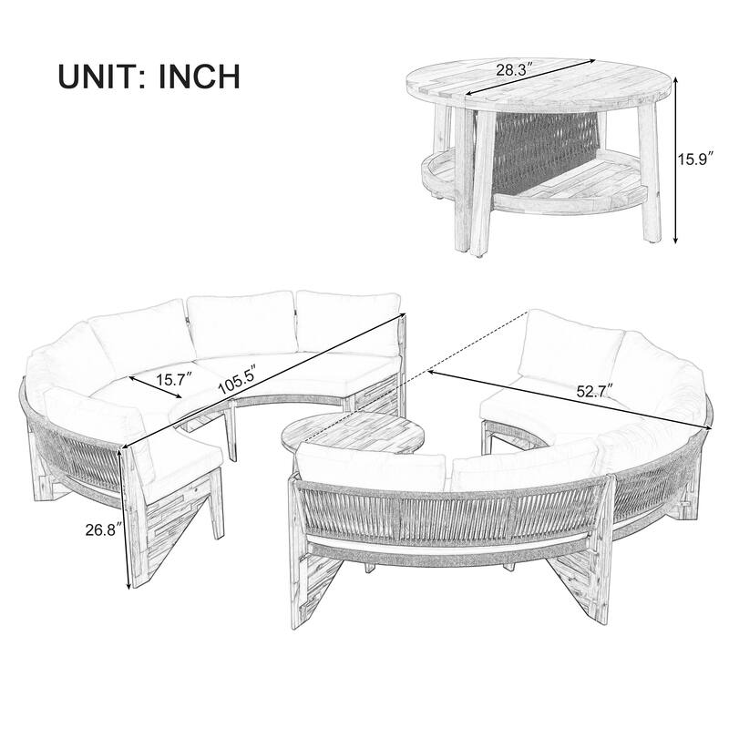 12-Seater Outdoor Acacia Wood Round Sectional Sofa Set with Coffee Table