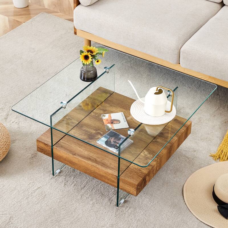 31.4 Inch Modern Two-Tier Square Coffee Table - An Elegant Combination of Clear Glass and Natural Wood Texture Sticker I - Natural