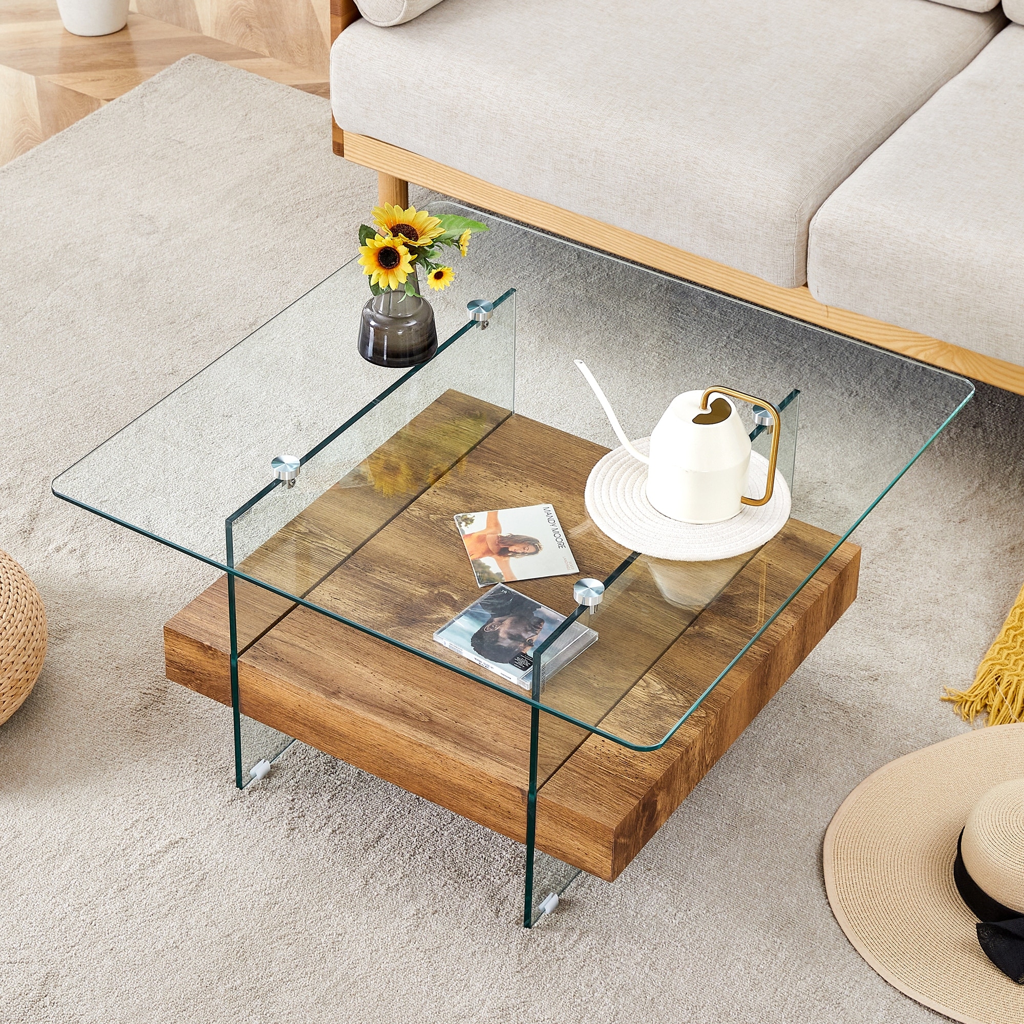 31.4 Inch Modern Two-Tier Square Coffee Table -An Elegant Combination of Clear Glass and Light Wood Texture Sticker.It can be us