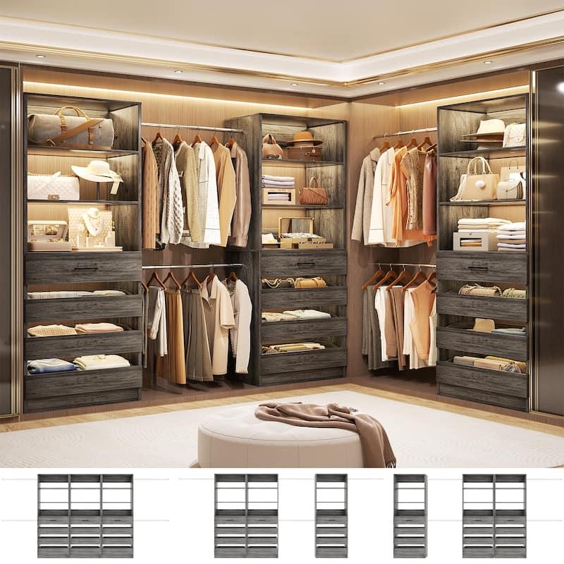 140'' Walk-in Closet Organizer System with 12 Drawers ＆ 4 Hanging Rods, 8.5-11.5FT Wooden Wardrobe Clothes Rack with 3 Towers