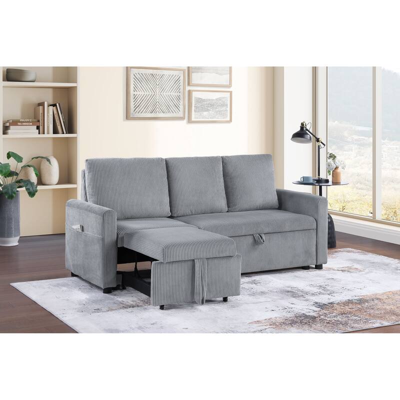 70"W Gray Corduroy Sofa with Pull-Out Chaise, Underseat Storage, Side Pocket