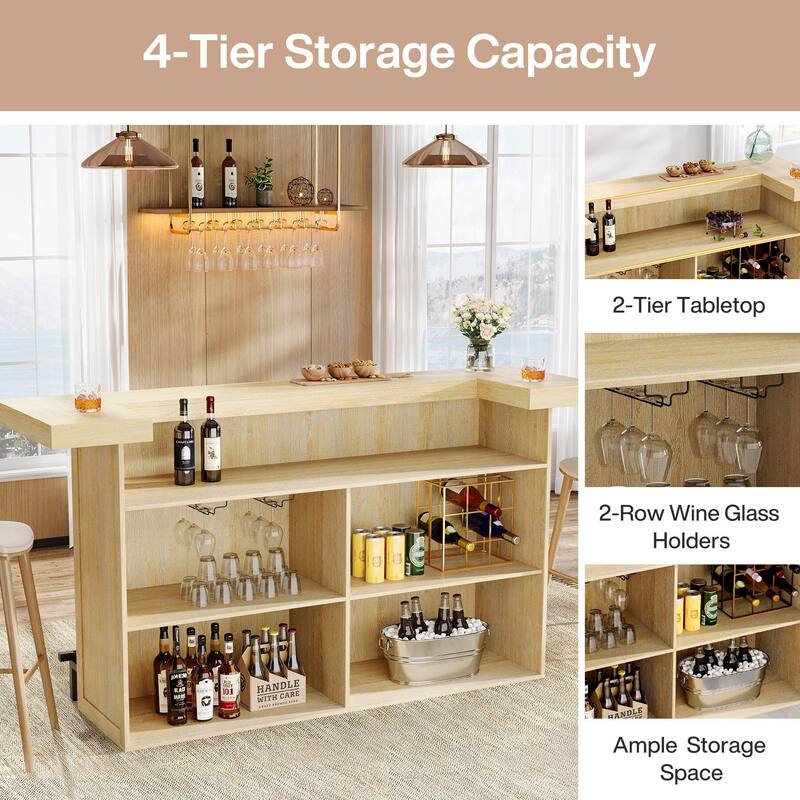 Industrial Wood Bar Table Liquor Cabinet with Wine Glass Holder