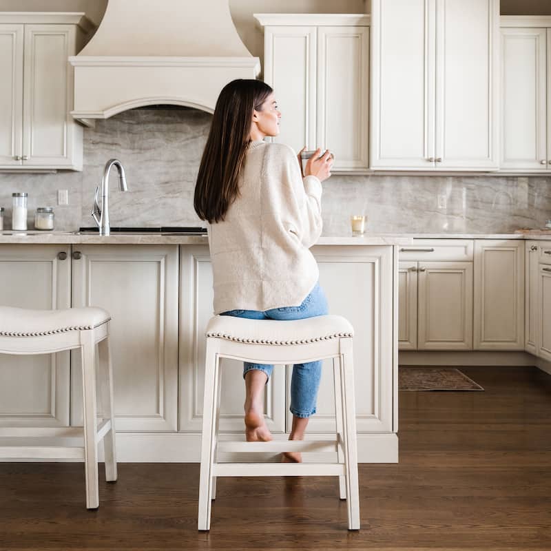 Maven Lane Adrien Backless Saddle Kitchen Counter Stool in Walnut Finish w/ Grey Fabric Upholstery