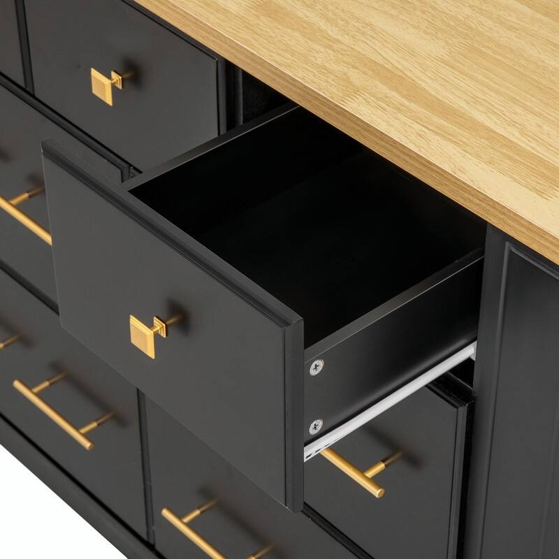 Rolling Kitchen Island with 6 Drawers, Pull-Out Trash Can Storage, Drop Leaf, Power Outlet & Side Racks