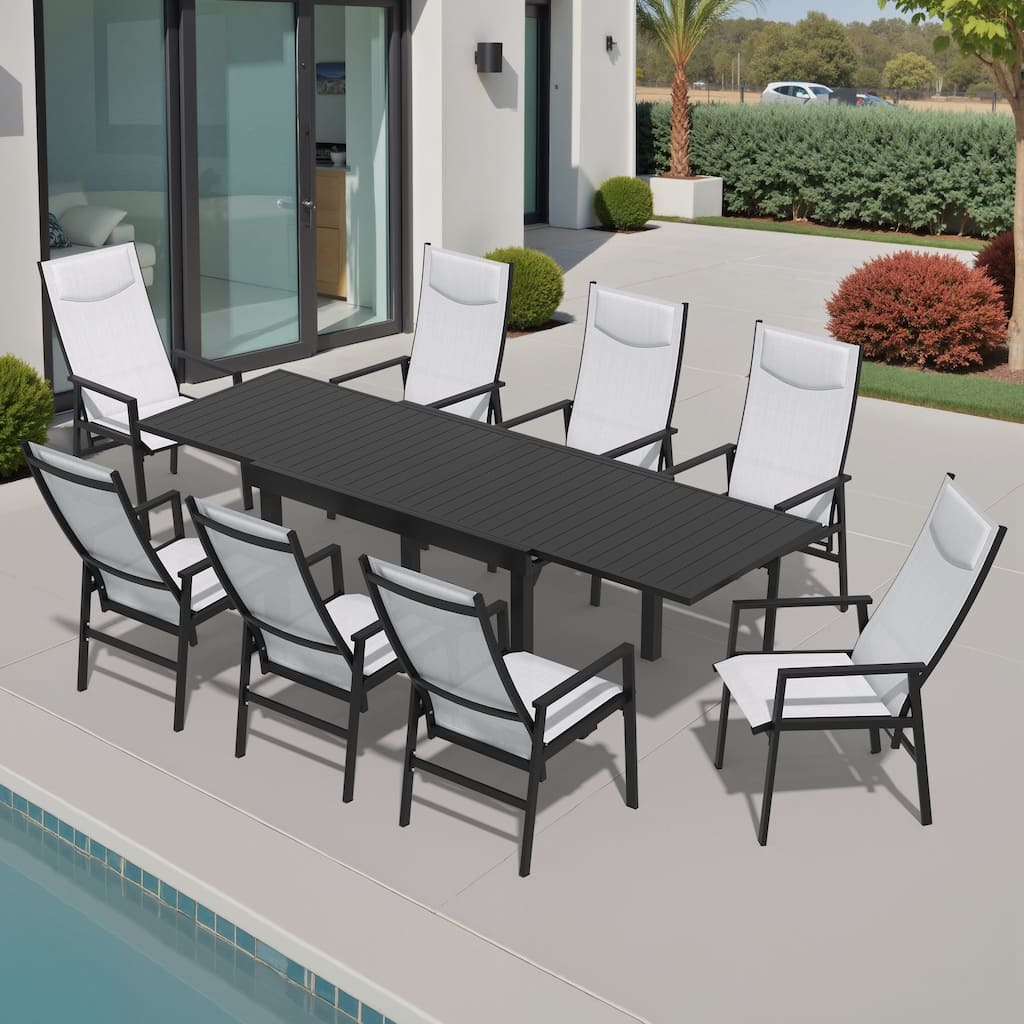 5/7/9-Piece Set Outdoor Aluminum Expandable Patio Dining Table with Folding Adjustable Back Chairs