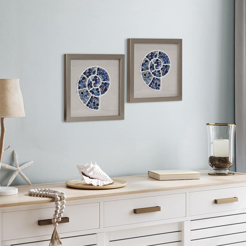 American Art Decor 2-Piece Coastal Seashell & Sea Glass Shadowbox Framed Wall Art Set