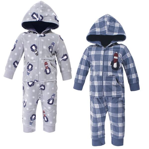 slide 1 of 1, Hudson Baby Infant Boy Fleece Jumpsuits, Coveralls, and Playsuits 2pk, Blue Penguin 0 - 3 Months - Blue
