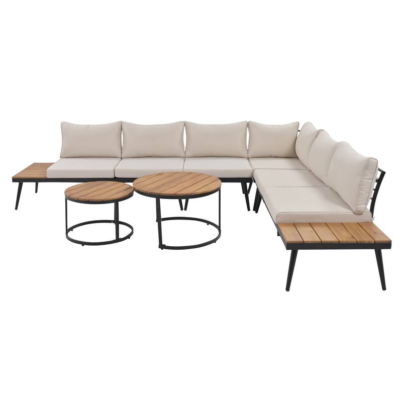 6-Piece Outdoor Patio Iron Modular Sectional Sofa Set with Nesting Coffee Tables and Side Storage Shelf