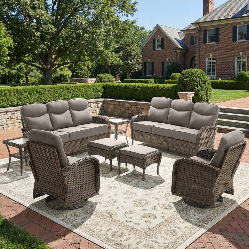 Pocassy Outdoor Wicker Patio Sofa with Swivel Chair Ottoman Sets - Brown Wicker Gray Cushion - 8-Piece Sofa Swivel Chair Table with Ottoman