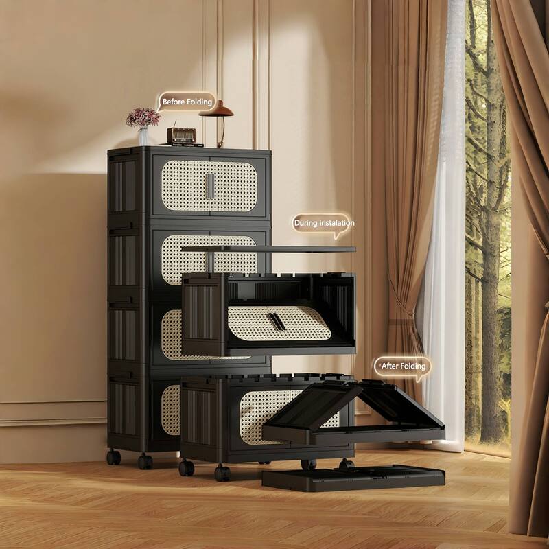 5-Tier Retro Black 20" Side Wide Folding Storage Cabinet