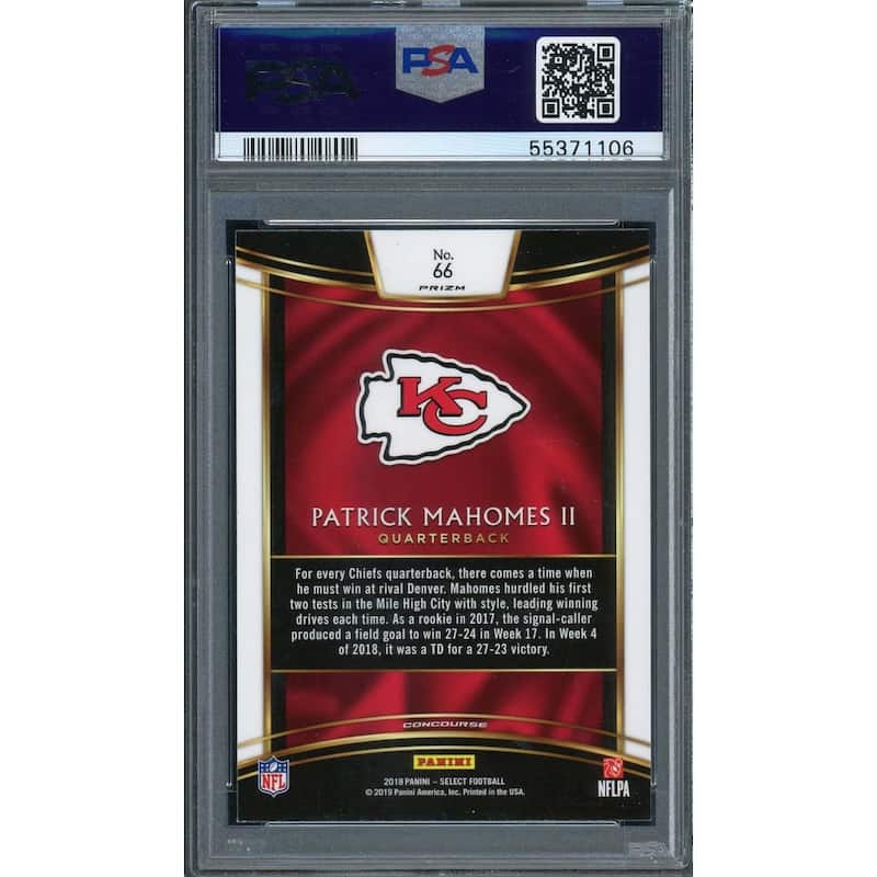 Patrick Mahomes 2018 Panini Select Silver Prizm Football Card #66 Graded PSA 10 - 8'6" x 11'6"