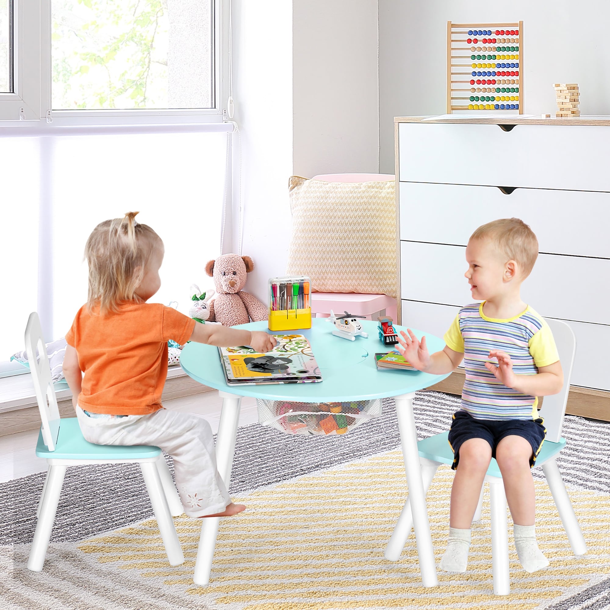 Costway Kids Wooden Round Table 2 Chair Set w Center Mesh Storage See Details On Sale Bed Bath Beyond 34006237