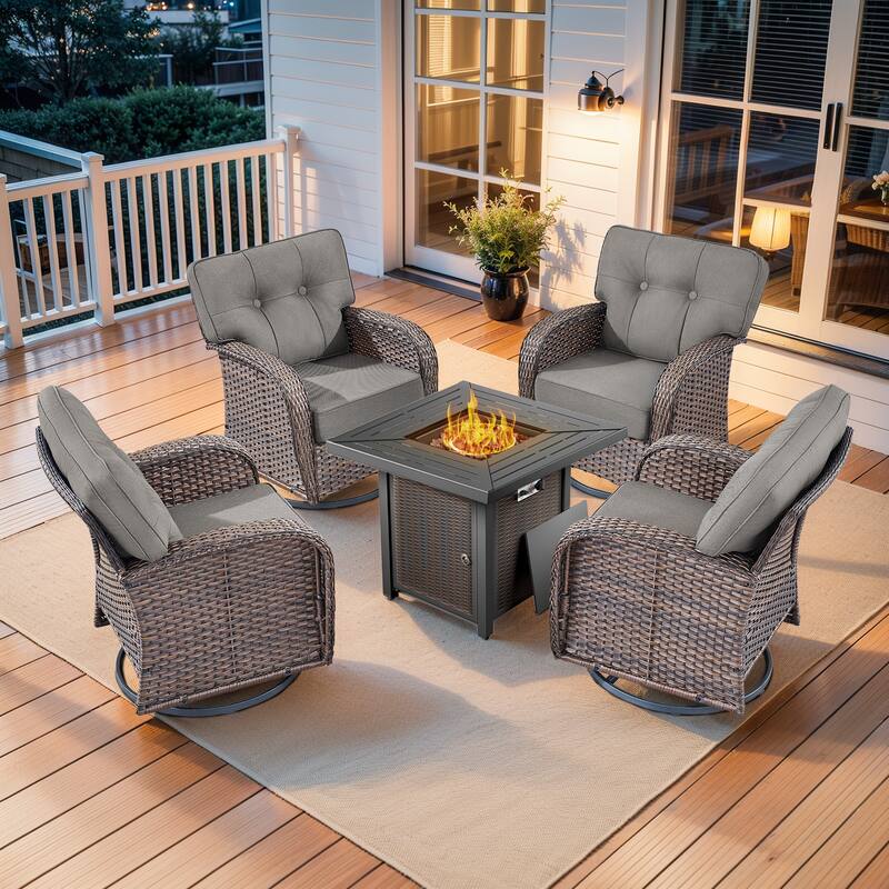 Pocassy Outdoor 30 In Fire Table with Swivel Chair Set - Brown Wicker Gray Cushion - 4-Piece Swivel Chair with Fire Pit Table