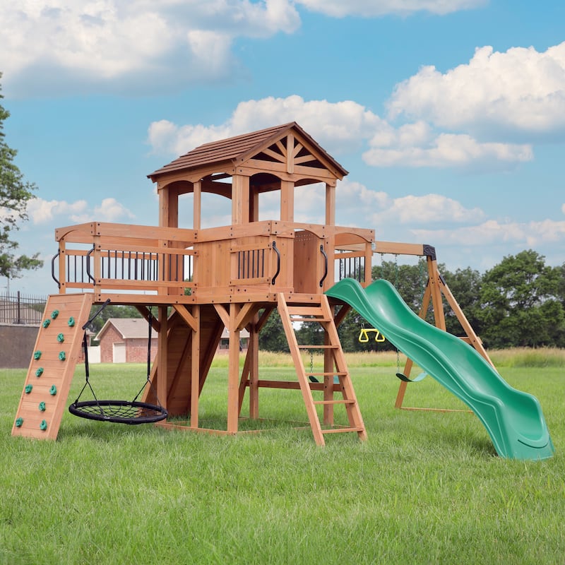 Backyard Discovery Sterling Point Cedar Wood Swing Set, Slide, Bridge - 20'5" x 16'9"