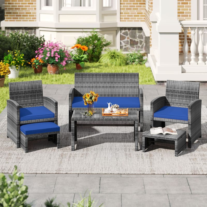 Costway 6PCS Patio Furniture Set Outdoor Sectional Conversation PE - See Details - Navy