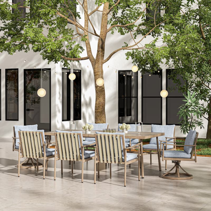 SleekLine 9-Piece Aluminum Patio Dining Set with Webbing Chair Back and Removable Cushions - Brown
