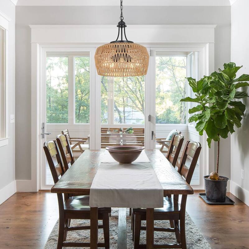 Large Farmhouse Chandeliers for Dining Room, 5-Light Rattan Chandelier Light Fixture with Wicker Lampshade