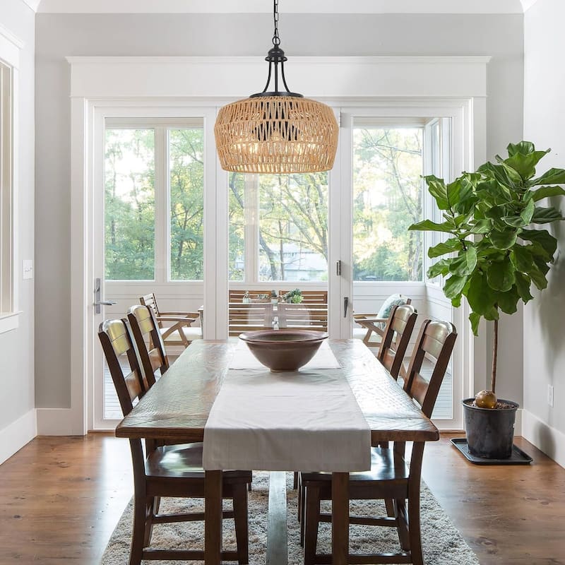 Rattan Chandelier Light Fixture, Hanging Pendant Lighting for Kitchen Island, 5-Light Chandeliers with Wicker Lampshade - Brown