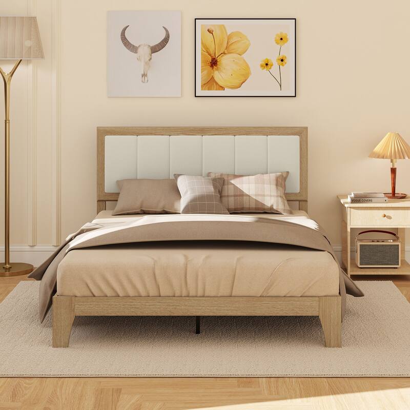HOMCOM Full Size Bed Frame with Upholstered Headboard, Platform Bed Frame with Wooden Slats