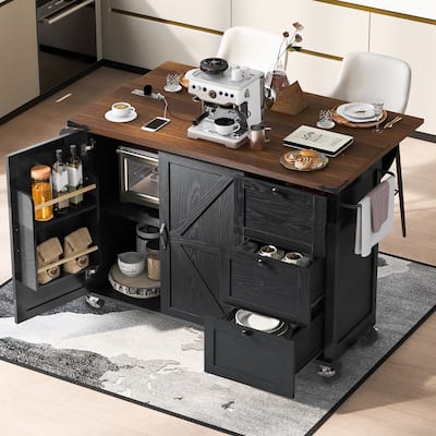 54.5" Farmhouse Kitchen Island with Power Outlet, Kitchen Storage Island with Internal Storage Rack, Drop Leaf, Spice Rack