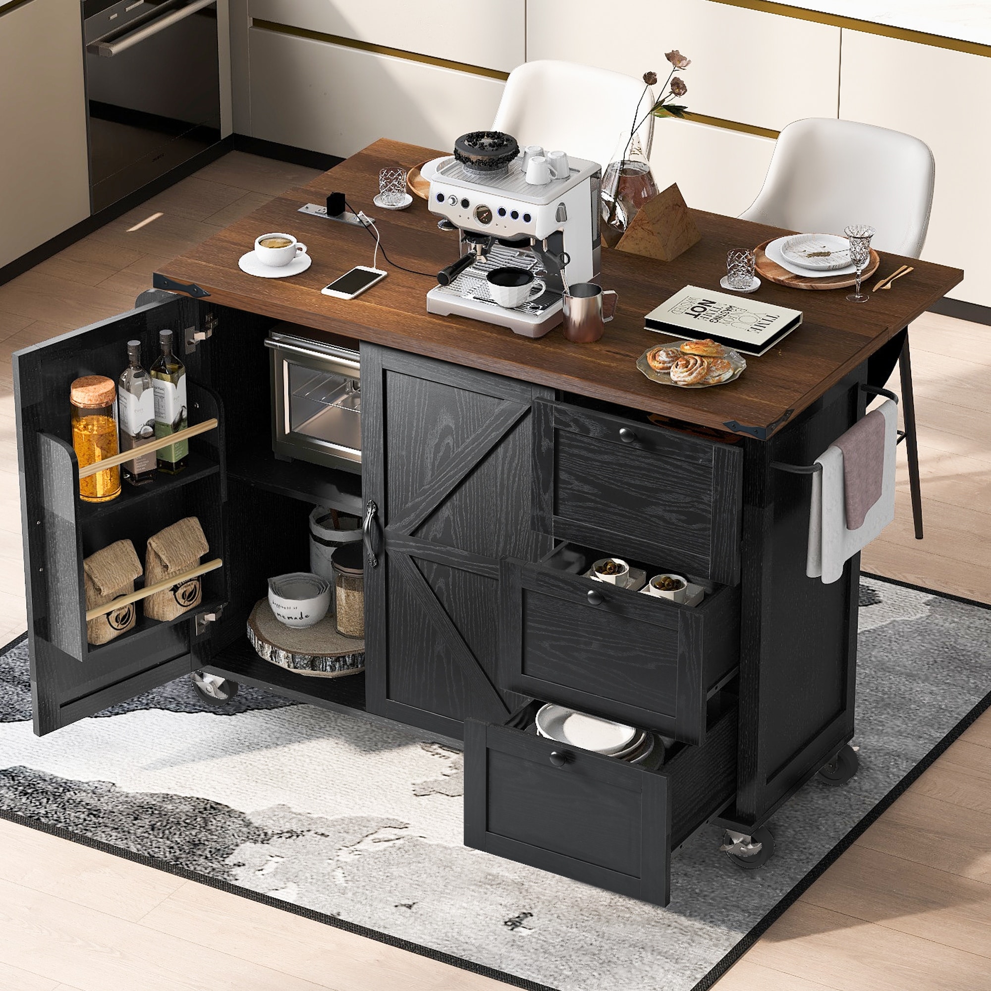 54.5"Kitchen Island with Power Outlet, Storage Island with Internal Storage Rack, Drop Leaf, Spice Rack, Rolling Cart on Wheels
