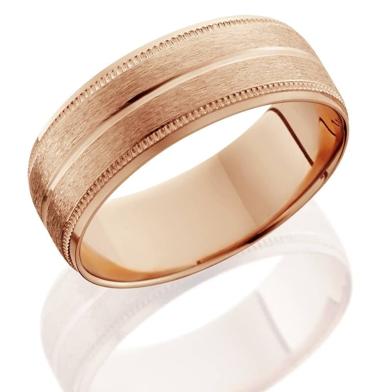 Rose Gold Mens Brushed Milgrain Beveled Wedding Band 8mm