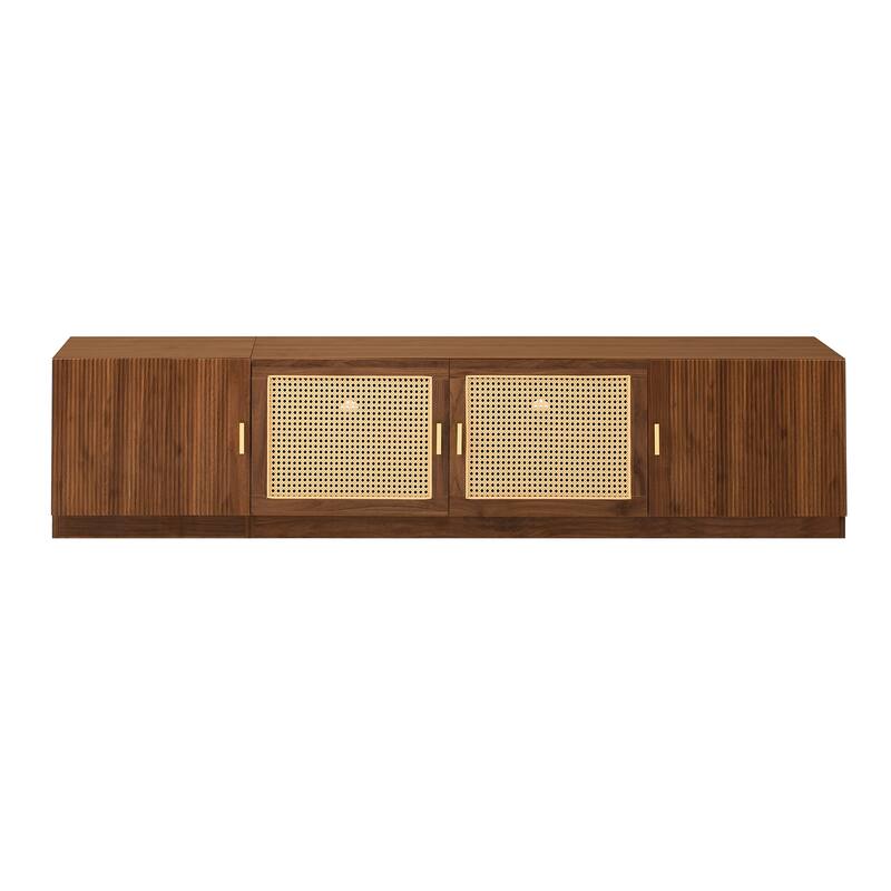 Roomfitters 78 Inch TV Stand for TVs up to 85 Inch, Walnut Media Console with Rattan Doors & Adjustable Shelf