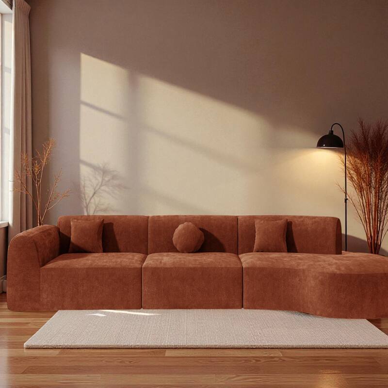 140" Fully Assembled Curved Sectional Sofa with High-Density Compressed Foam Chaise Lounge 3-Piece Modern Living Room Set - Orange