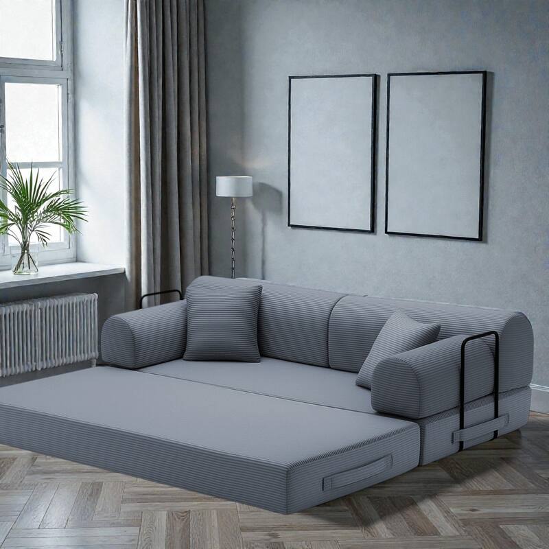 Convertible Sleeper Sofa Bed, 4-in-1 Corduroy Folding Floor Couch with Cylindrical Pillow, 2-Seat Space-Saving Lounge Sofa